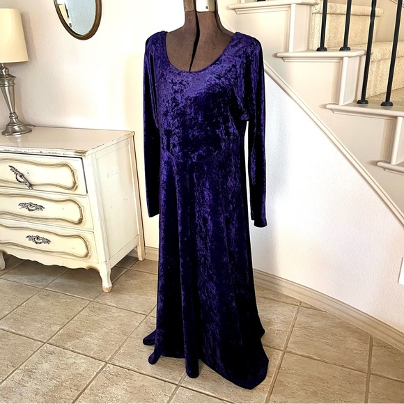 Vtg 90s All That Jazz Sz L Crushed Velvet Maxi Dress Witchy Grunge Purple Gothic - Picture 2 of 9